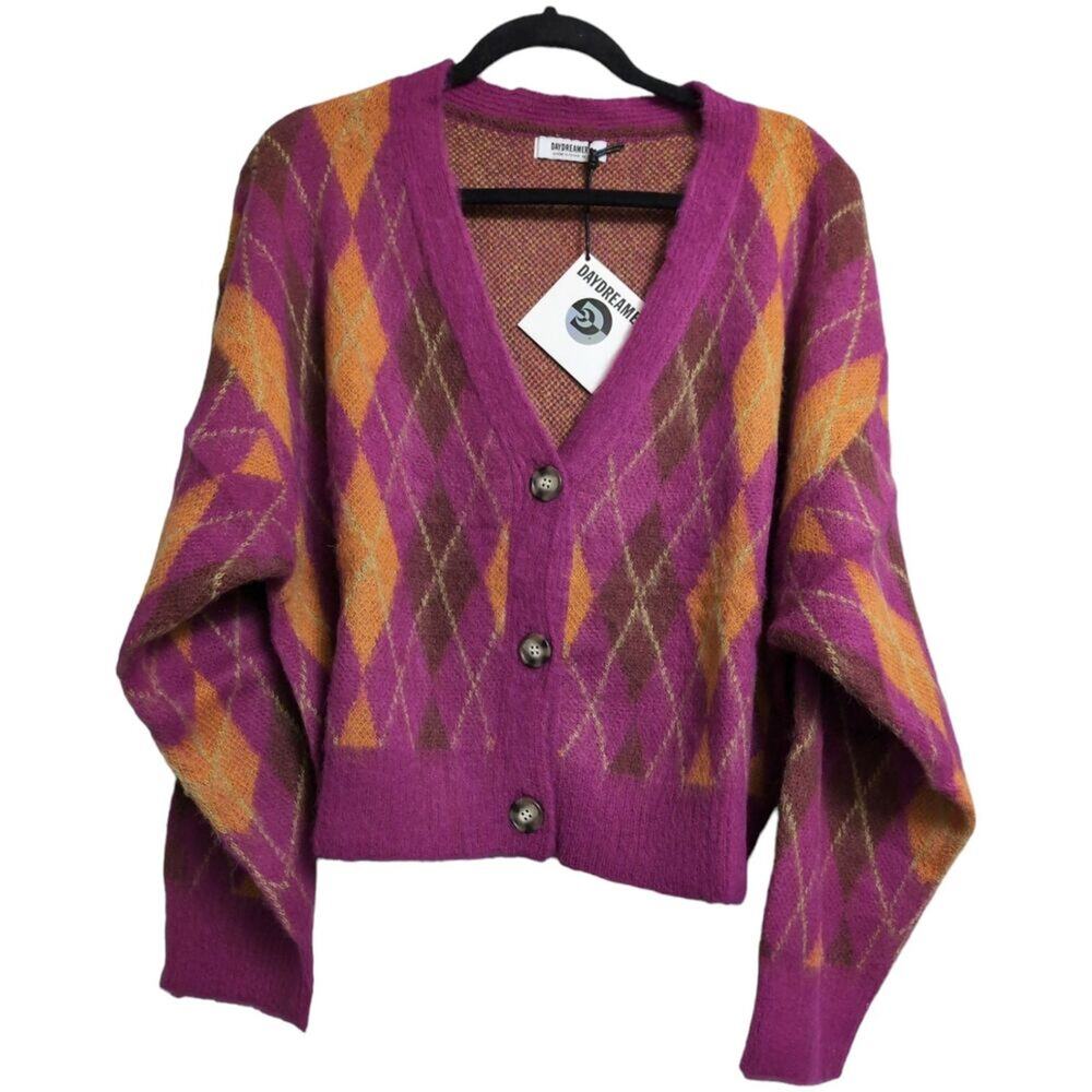 NWT Daydreamer Fuchsia Sunset Argyle Button V Neck Long Sleeve Cardigan Size S